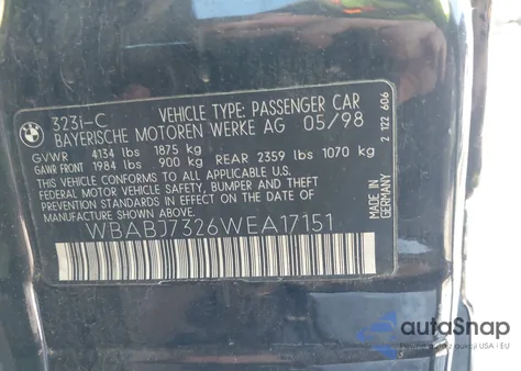 1998 BMW 323Ic из США, поврежденный, VIN WBABJ7326WEA17151